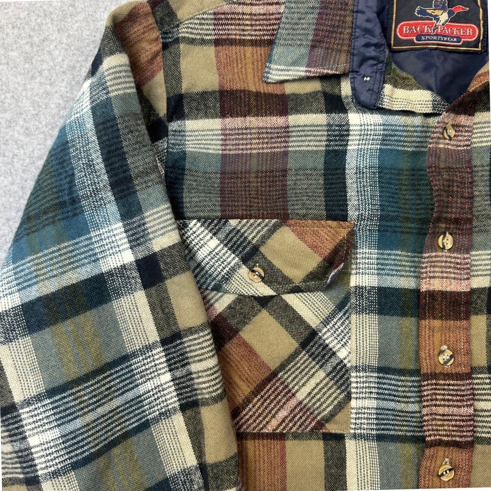 Backpacker Sportswear Mens Plaid Flannel Shirt Acrylic Earth Tone Long Sleeve M‎